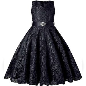 Big Girls Black Lace Flower Girl Party Dress Rhinestone Tie Belt Size 14 NEW